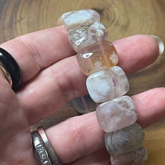 Pink flower agate soft bangle bracelet beaded beads new handmade .75” High beads - Picture 5 of 8